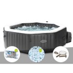 Kit spa gonflable intex purespa carbone octogonal bulles et jets 4 places + 12 filtres + 5 kg de sel ...