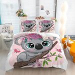 Parure de lit - mouton maison deco - koala branche fleurs papillons - gris rose marron blanc - microfibre ...