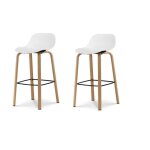 Lot de 2 tabourets de bar blancs style scandinave avec pieds effet bois en m�tal - hauteur 66cm