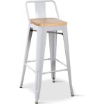 Lot de 4 tabourets de bar en métal blanc mat style industriel avec dossier et assise en bois clair - ... Lot de 4 tabourets de bar en métal blanc mat style industriel avec dossier et assise en bois clair - ...