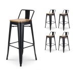 Lot de 4 tabourets de bar en métal noir mat style industriel avec dossier et assise en bois clair - hauteur ... Lot de 4 tabourets de bar en métal noir mat style industriel avec dossier et assise en bois clair - hauteur ...