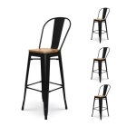 Kosmi - lot de 4 tabourets de bar en mtal noir mat style industriel avec dossier haut et assise en bois ...
