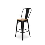 Kosmi - tabouret de bar en m�tal noir mat style industriel avec dossier haut et assise en bois clair ...