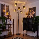 Lampadaire - hofstein - tallaboa - m�tal noir - abat - jour tissu or - 5x e14 25w