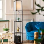 Lampadaire salon sur pied en bois 3 etagres de stockage ampoule non - inclus noir