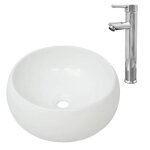 Vidaxl lavabo de salle de bain avec mitigeur c�ramique rond blanc vasque 275495