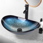 Lavabo vasque en verre - puluomis - avec robinetterie - bleu - ovale - 53 cm x 35 cm