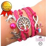 Lcc� bracelet femme - homme rose tiss� � la main similicuir cordon argent artisanal infini arbre de vie ...