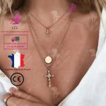 Lcc collier 3 rangs femme dor croix medaillon fantaisie pendentif fille cadeau bijoux chane anniversaire ...