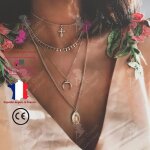 Lcc collier femme argent fantaisie pendentif fille cadeau bijoux croix lune chane cou anniversaire ...
