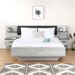 Leonard lit adulte 140 x 190 cm + 2 chevets et tte de lit en simili - dcor chne - l 1957 x p 2355 ...