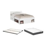 Lit 120 x 190 / 200 cm avec rangements - blanc et naturel + sommier + matelas - kinselia