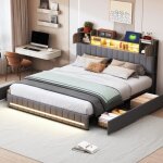 Lit 140x190 - pergar - avec 4 tiroirs - t�te de lit avec rangement - lumi�res led et usb - lin gris