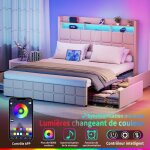 Lit 140x190 cm avec 4 tiroirs - nhhf - avec led et usb - lit coffre avec rangement - 2 personnes - en ...