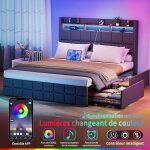Lit 140x190 cm avec 4 tiroirs - nhhf - avec led et usb - lit coffre avec rangement - 2 personnes - en ...