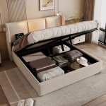 Lit coffre 160x200 - pergar - beige - t�te de lit avec liseuse - chargement usb - 300 kg