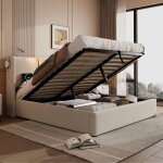 Lit 160x200 - hofurni - cadre de lit adulte - lin beige - sommier � lattes - usb et liseuse