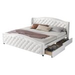 Lit 2 place 180x200 cm en simili - cuir avec 2 tiroirs tte de lit et sommier  lattes - blanc
