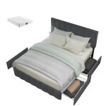 Lit 2 place en bois massif et lin avec 4 tiroirs sommier � lattes et t�te de lit r�glable 140 x 200 cm ...