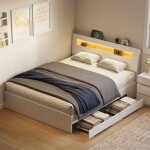 Structure de lit avec 2 tiroirs coulissants 140 x 190 cm lit double avec led multiprise en mdf et acier ...