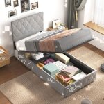 Okwish cadre de lit enfant 90�200 cm - 1 place - lit de rangement avec t�te de lit r�glable - velours ...