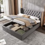 Lit adulte 140x190 cm - coffre de rangement � lattes - tissu velours gris - t�te de lit � ailes