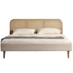 Lit adulte 140x190 cm en velours c�tel� beige avec t�te de lit en cannage - dalia