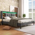 Lit adulte 140x200 cm - t�te de lit avec rangement led et ports usb - sommier inclus - gris