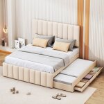 Lit adulte 140x200cm - cadre de lit - okwish - 1 place - 3 tiroirs - un lit 90x190cm inclus - lin beige ... Lit adulte 140x200cm - cadre de lit - okwish - 1 place - 3 tiroirs - un lit 90x190cm inclus - lin beige ...