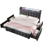 Lit adulte 140x200cm - modernluxe - contemporain - tissu en lin gris - 4 tiroirs + led et 2 ports usb ...