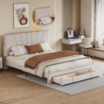 Lit adulte 140x200cm en tissu beige avec grand tiroir 2 places lit double sommier à lattes et sommier ... Lit adulte 140x200cm en tissu beige avec grand tiroir 2 places lit double sommier à lattes et sommier ...