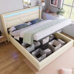 Lit adulte 160x200 cm lit coffre avec led sommier � lattes tissu en pu blanc