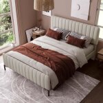 Lit adulte 160x200 cm sommier � lattes t�te de lit r�glable tissu en lin beige