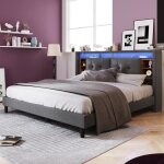 Lit adulte 160x200 cm - t�te de lit avec rangement led et ports usb - sommier inclus - gris