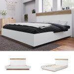 Lit adulte 160x200cm - cadre en bois - sommier � lattes - style scandinave - ch�ne + blanc