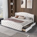 Lit adulte 180x200 cm avec 2 tiroirs sommier  lattes tissu en pu blanc - modernluxe - contemporain - ...