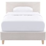 Lit adulte 90x190 cm avec t�te de lit capitonn�e en tissu beige - milo