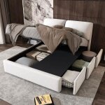 Lit adulte coffre 140×200cm - okwish - lit double avec 3 tiroirs et sommier à lattes - velours blanc ... Lit adulte coffre 140×200cm - okwish - lit double avec 3 tiroirs et sommier à lattes - velours blanc ...