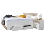 Lit adulte double 180x200 cm king size + 2 chevets + 2 tiroirs blanc - imitation chne longueur 189 x ...