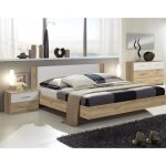 Lit adulte double + 2 chevets coloris imitation ch�ne poutre - blanc - longueur 189 x profondeur 210 ...