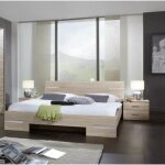 Lit adulte double + chevets coloris imitation ch�ne artisan - chrome brillant - longueur 189 x profondeur ...