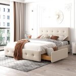 Lit adulte double en velours avec sommier et tiroirs de rangement - hongya - 140 x 200 cm - beige