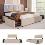 Lit adulte 140x200cm lit rembourr� avec 4 tiroirs et led sommier � lattes tissu en lin beige