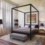 Lit � baldaquin en bois noir 140x190 - lt14032 - noir - terre de nuit