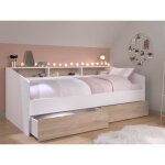 Lit 90 x 190 / 200 cm avec rangements - blanc et naturel + sommier + matelas - paulette