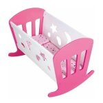 Lit a bascule en bois 49x37x35cm rose et blanc - pour poupon et poupee - berceau - accessoire mobilier ...