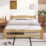 Lit en bois massif et futon - 140 x 200 cm - avec tête de lit et sommier À lattes - naturel Lit en bois massif et futon - 140 x 200 cm - avec tête de lit et sommier À lattes - naturel