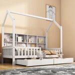 Lit cabane 90 x 200 cm pour enfant ou bb avec tagre de rangement bibliothque et 2 tiroirs sommier ...