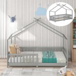 Lit cabane enfant 90 x 200 cm - bois pin massif - sommier inclus - gris