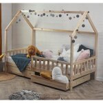 Lit cabane pour enfant en bois naturel 90x190 cm avec 2 tiroirs / sommier sans matelas.